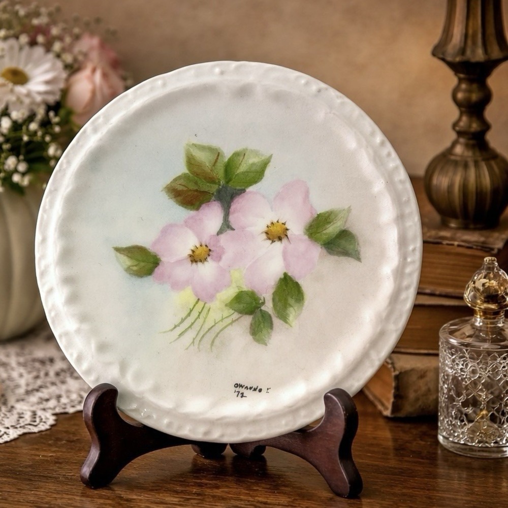 Vintage Porcelain Plate Hand Painted Pink Wild Rose Signed Owanna 1972 Flowers